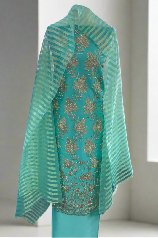 1060 Gold Leaf Embroidery & Diamante 4pc Net Suit