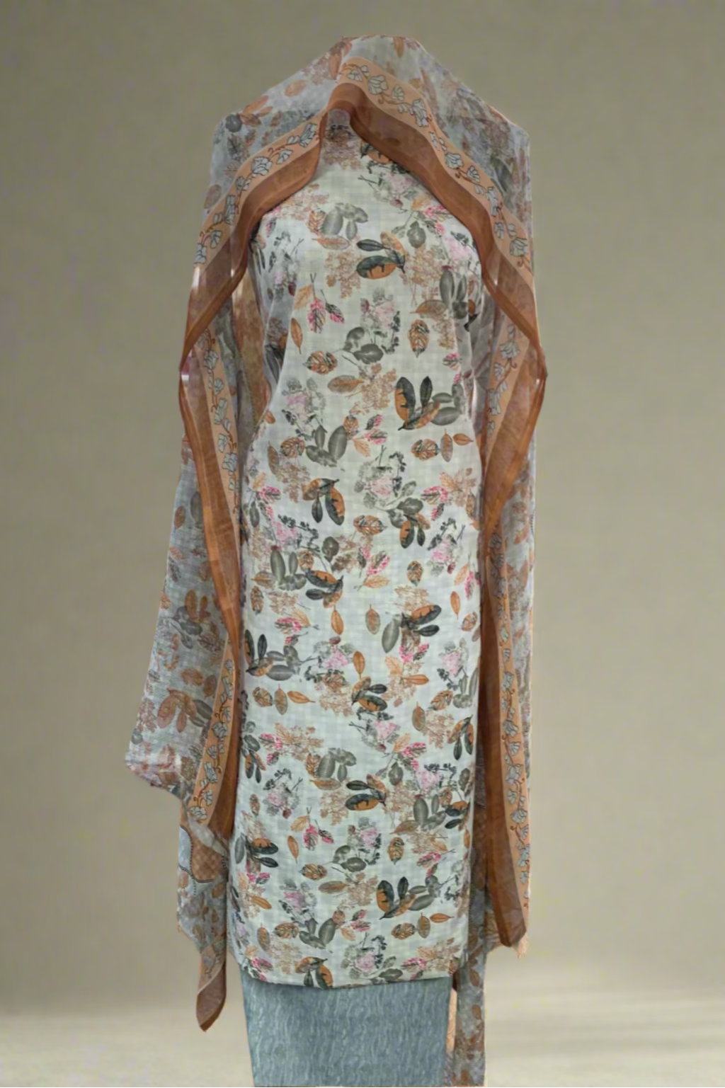 D164 Leaf Print 3pc Unstitched Crepe Suit