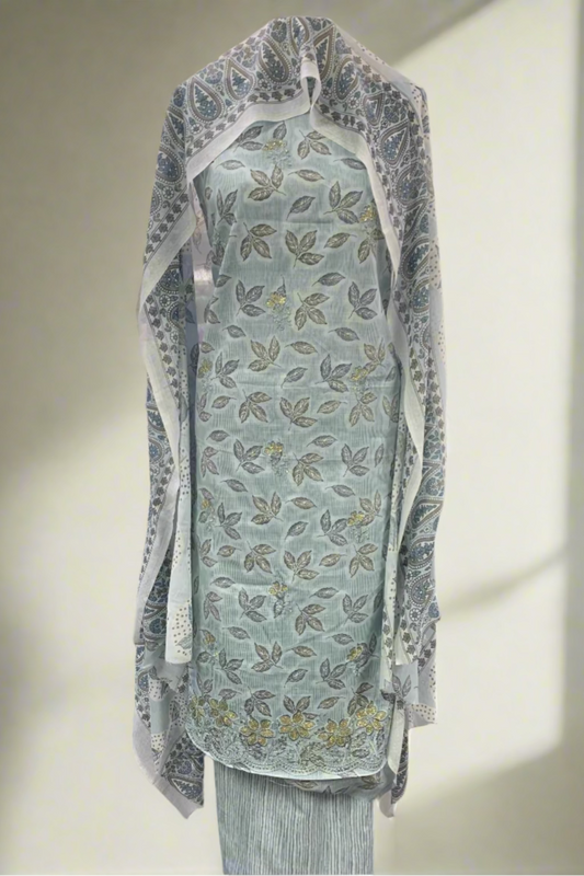 13283 Leaf Print 3pc Cotton Suit with Embroidery Border