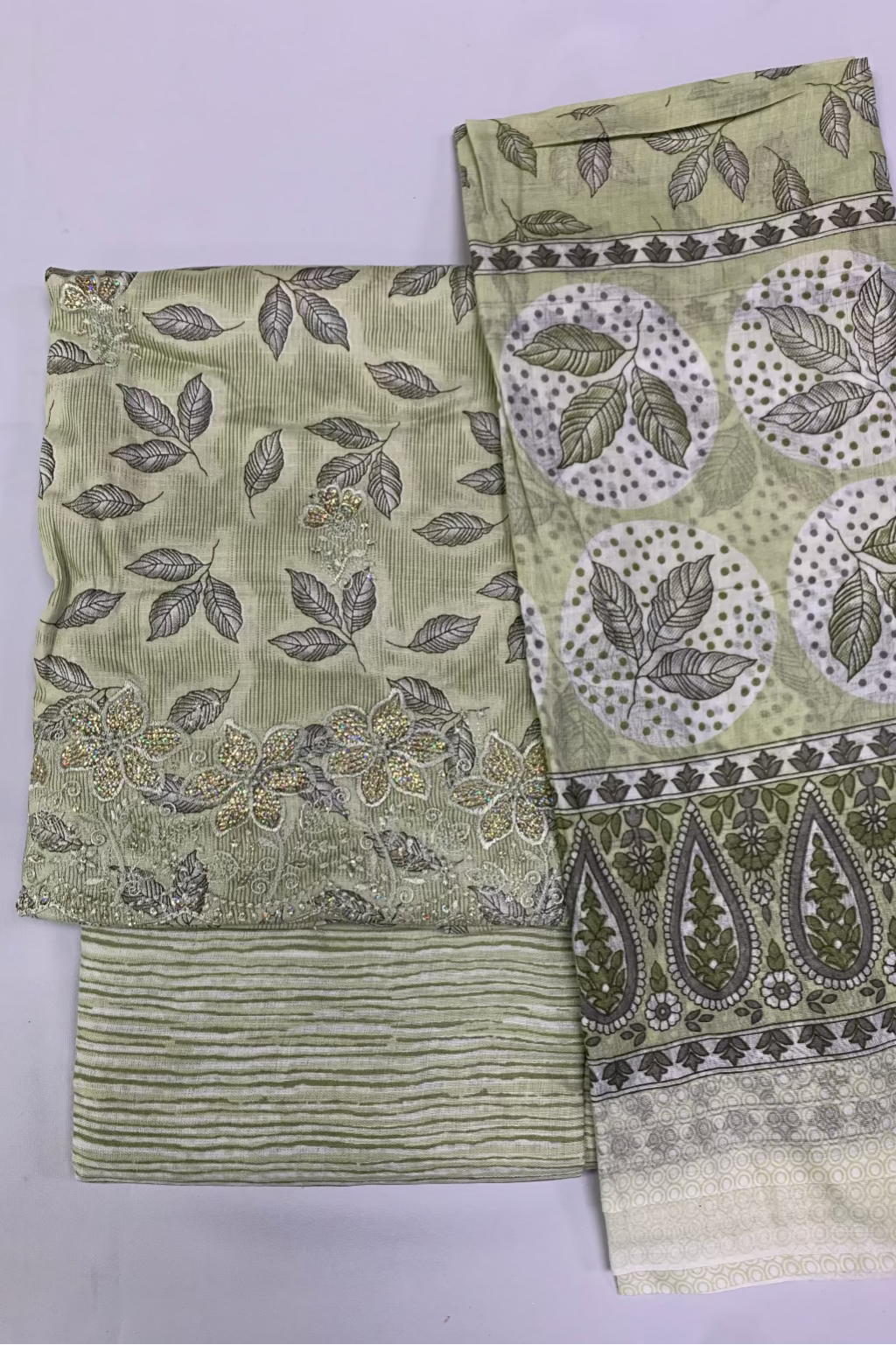 13283 Leaf Print 3pc Cotton Suit with Embroidery Border