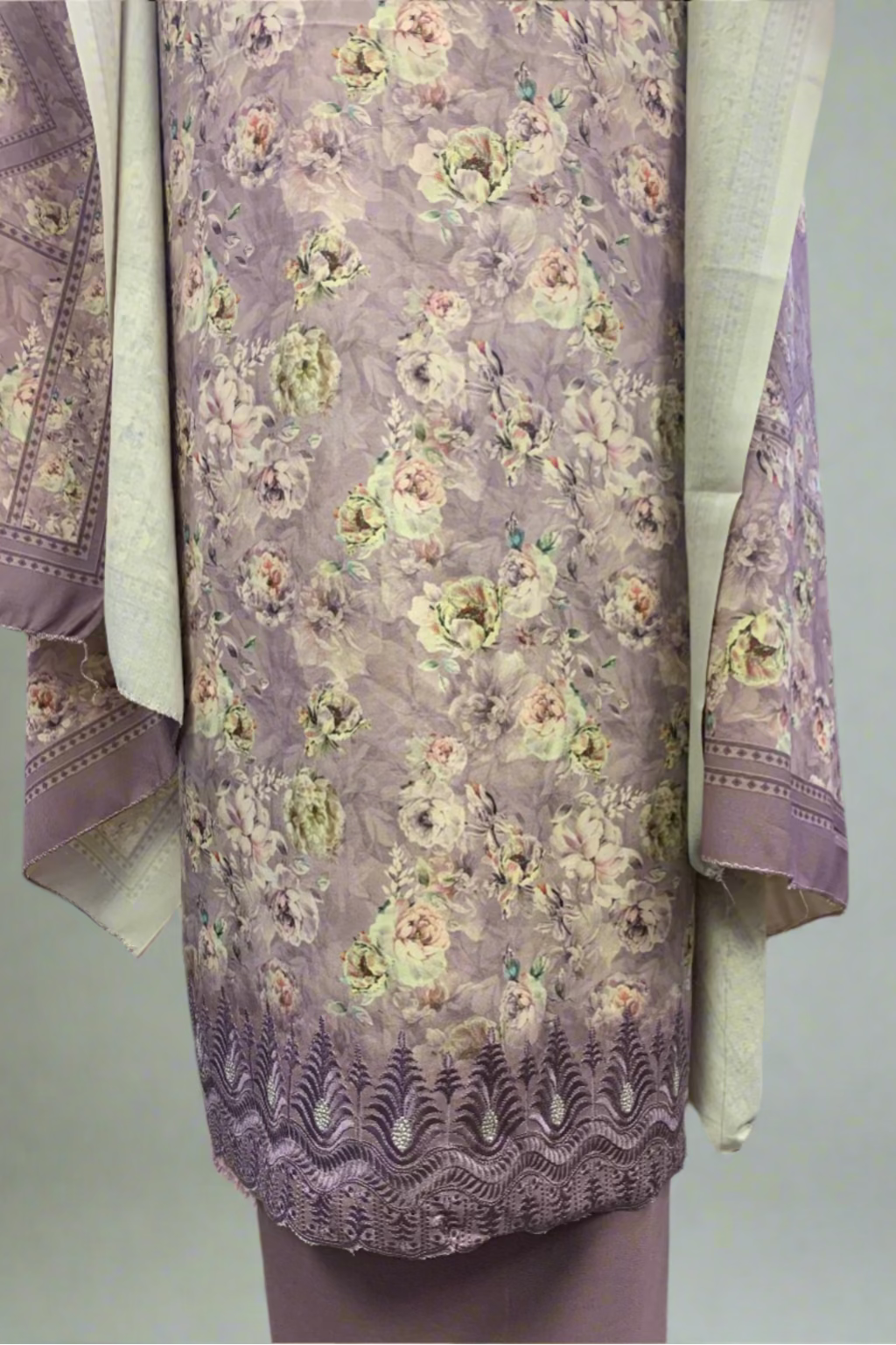 149 Flower Print 3pc Warm Alpine Unstitched Suit with Embroidery Border