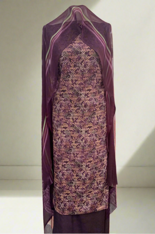 Purple patterned garment in a fabric store setting