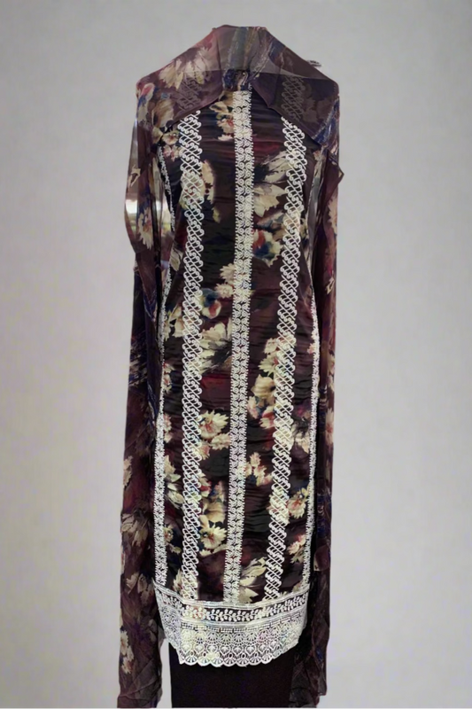 Floral-patterned garment with embroidery details in a store setting