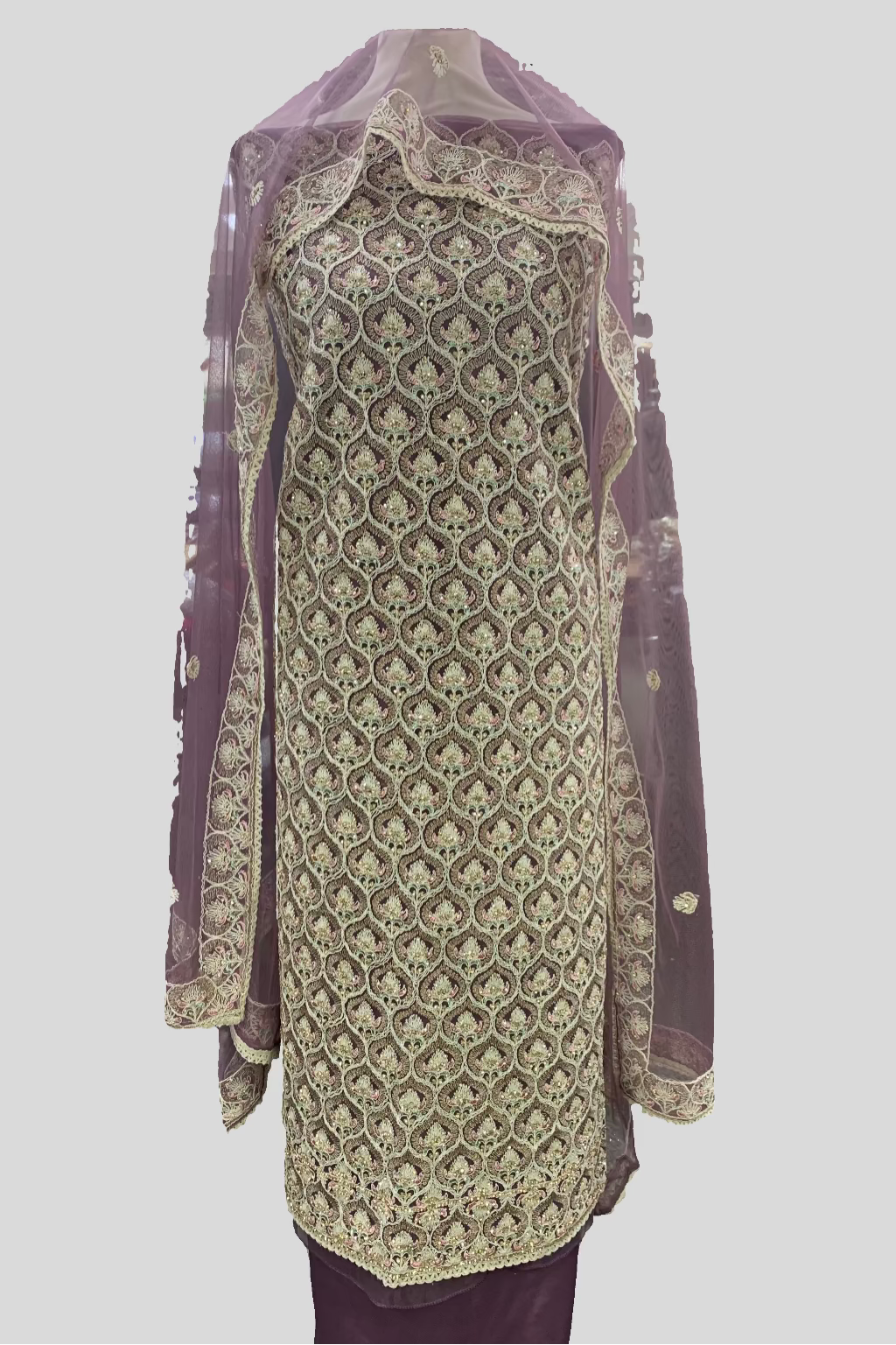 Traditional outfit with a patterned dress and sheer dupatta in a store setting