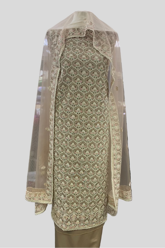 Beige embroidered outfit with a sheer dupatta in a store setting