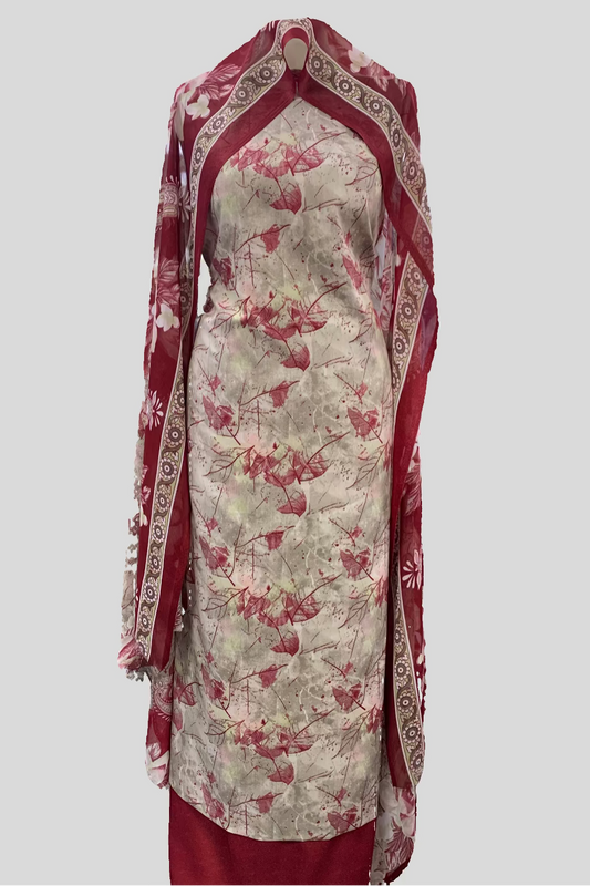 Floral dress with red border in a store setting