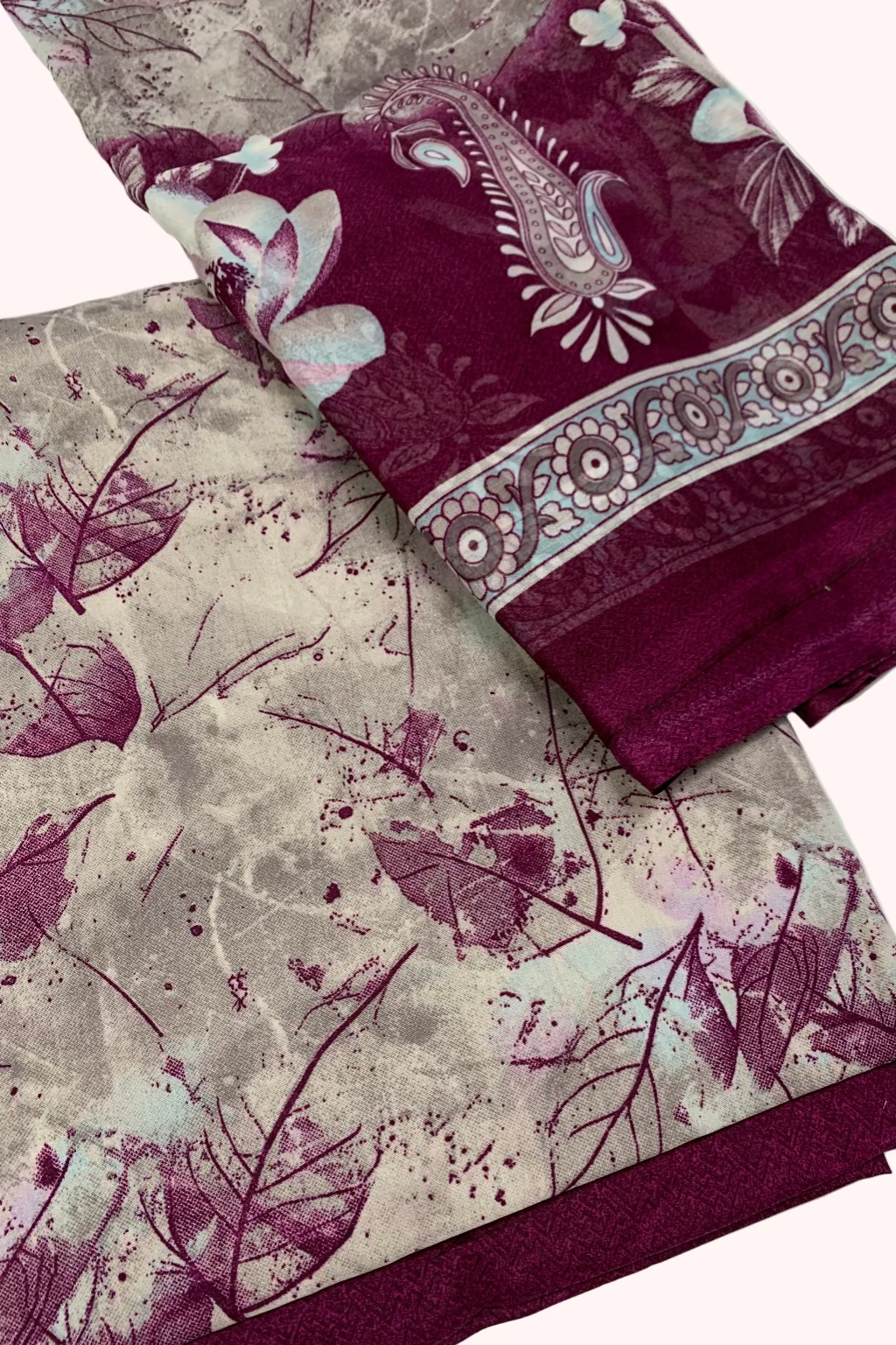 D165 Large Leaf Print 3pc Unstitched Crepe Suit