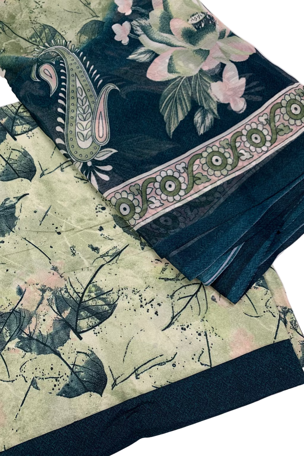 D165 Large Leaf Print 3pc Unstitched Crepe Suit