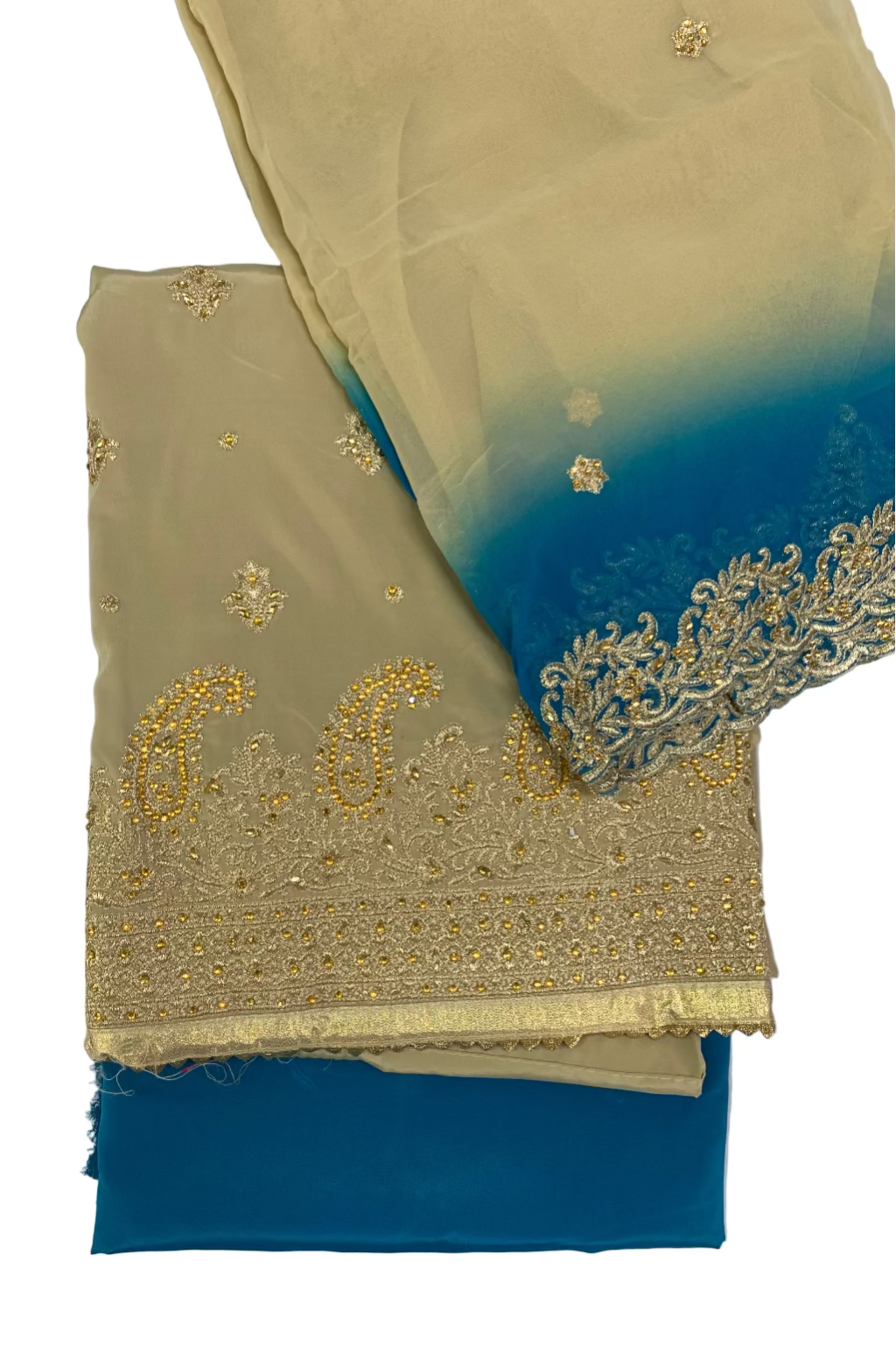 Blue fabric with gold embroidery on a white background