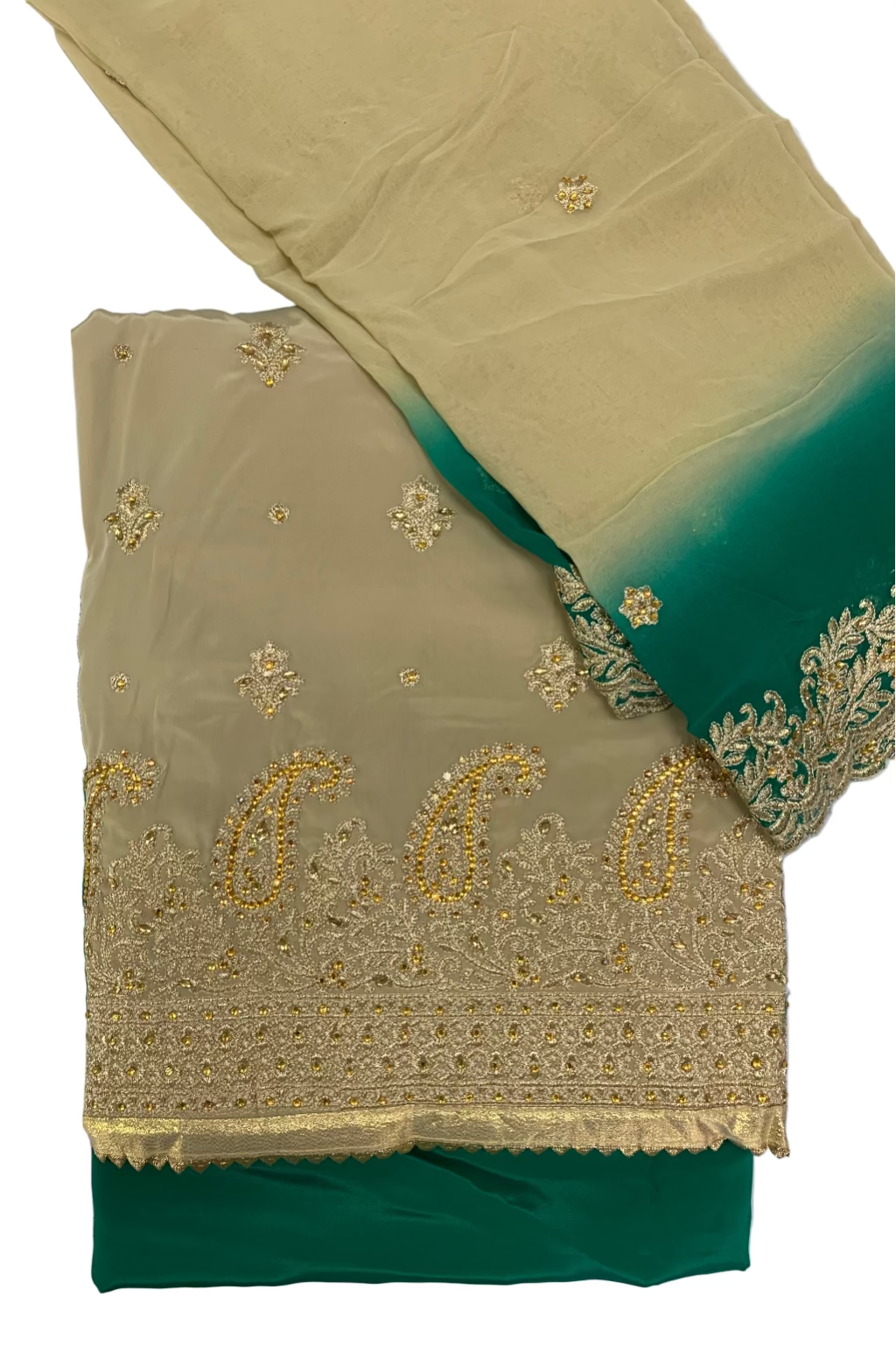 Green fabric with gold embroidery on a white background