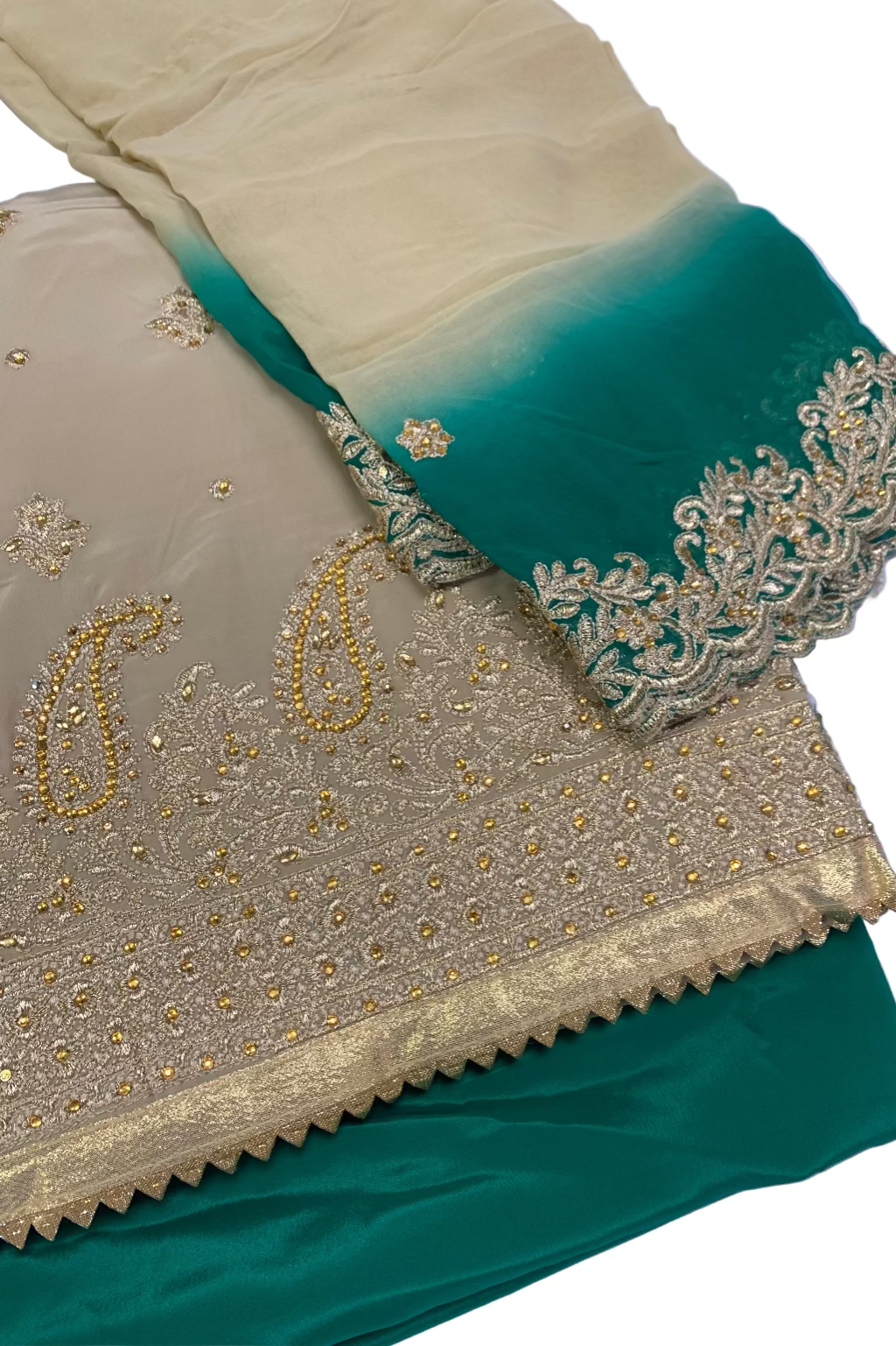 Beige and green fabric with intricate gold embroidery on a white background
