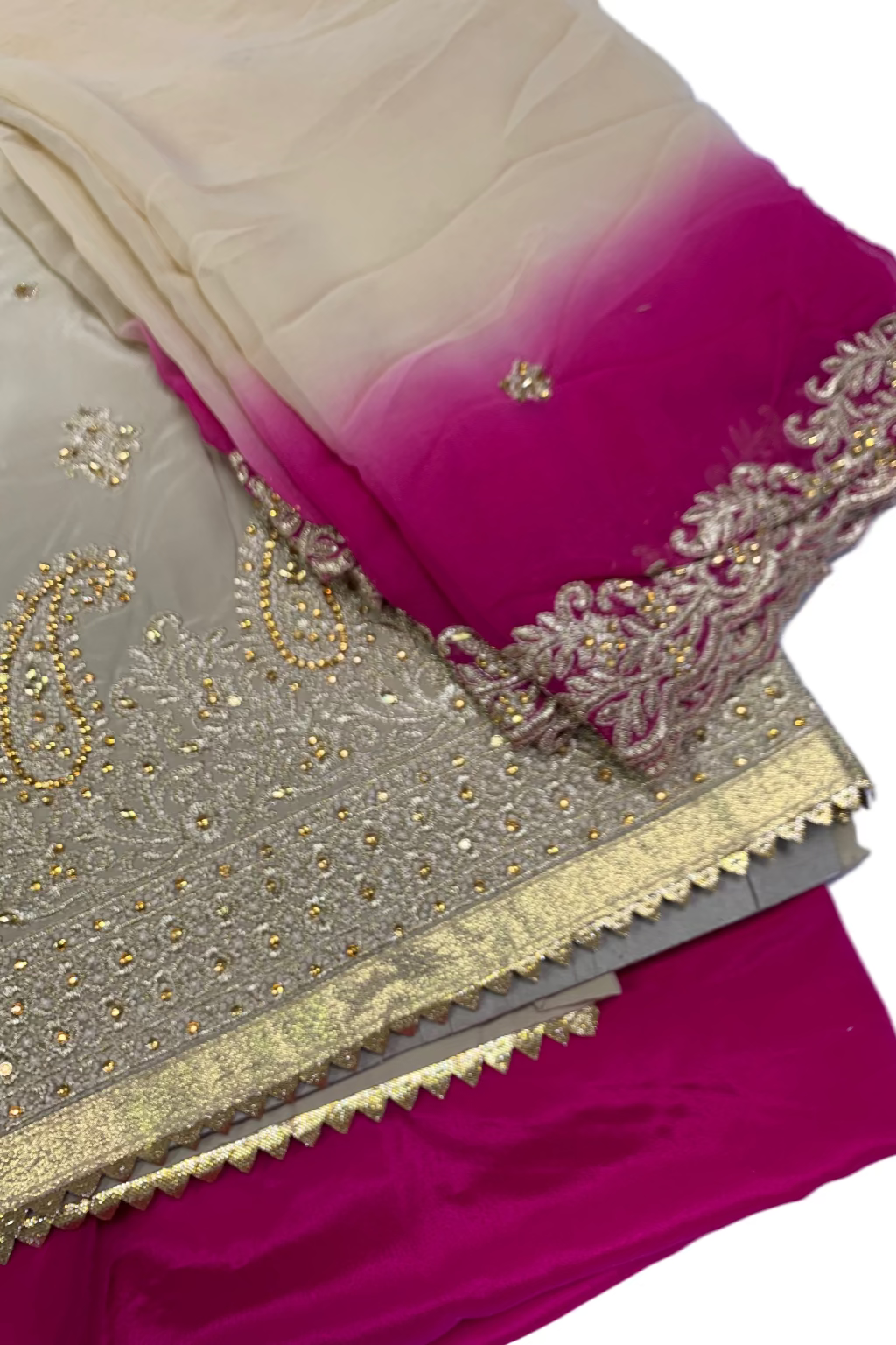 9180 Gold Embroidery 3pc Unstitched Malai Crepe Suit with Embellishments