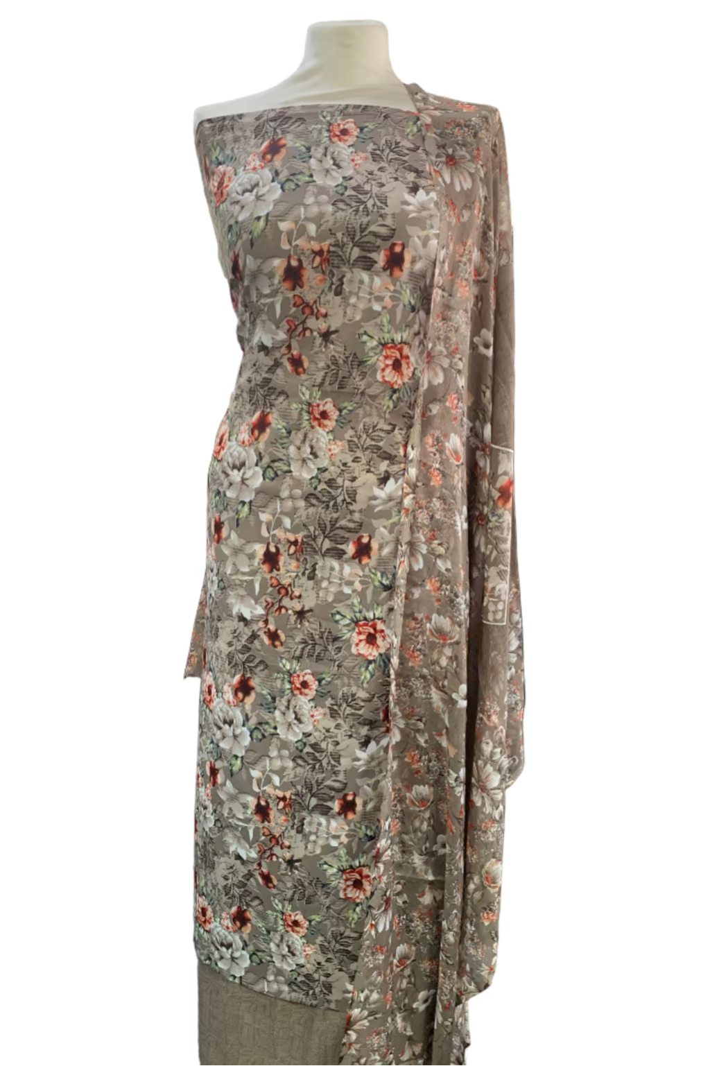 Floral patterned fabric on a mannequin in a store setting
