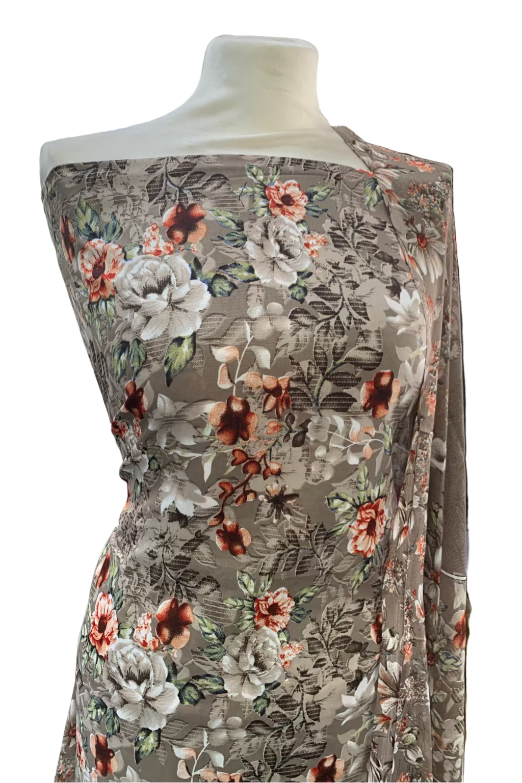 Floral patterned fabric on a mannequin in a store setting
