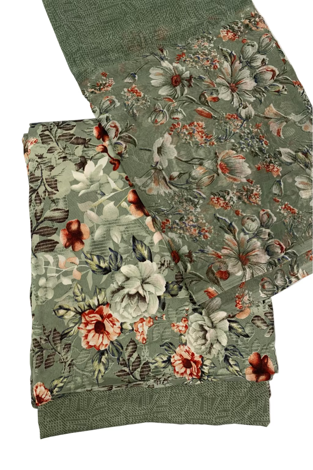 Green floral table runner on a white surface