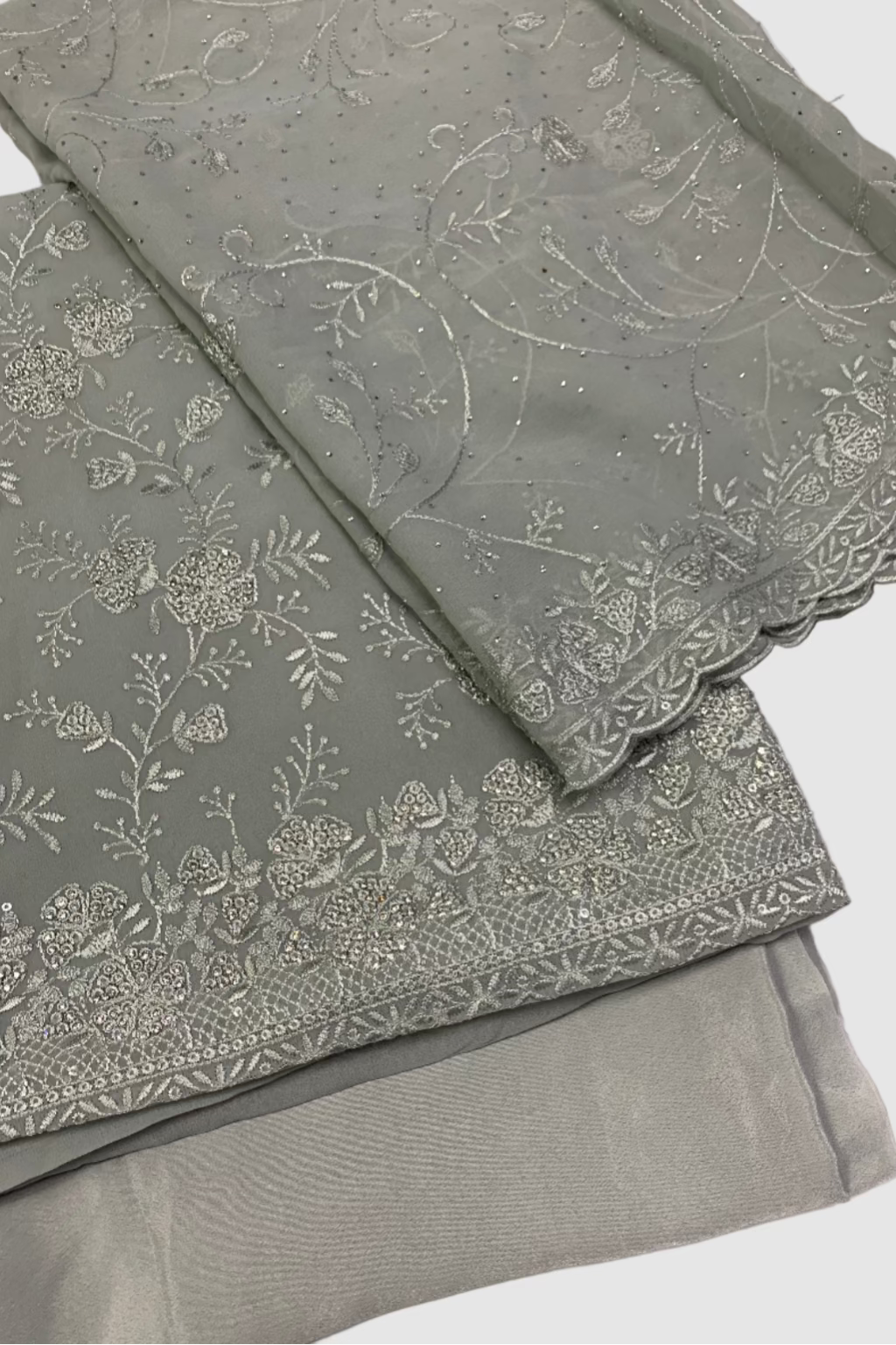 351 Floral Embroidery 4pc Unstitched Chiffon Suit with Diamante