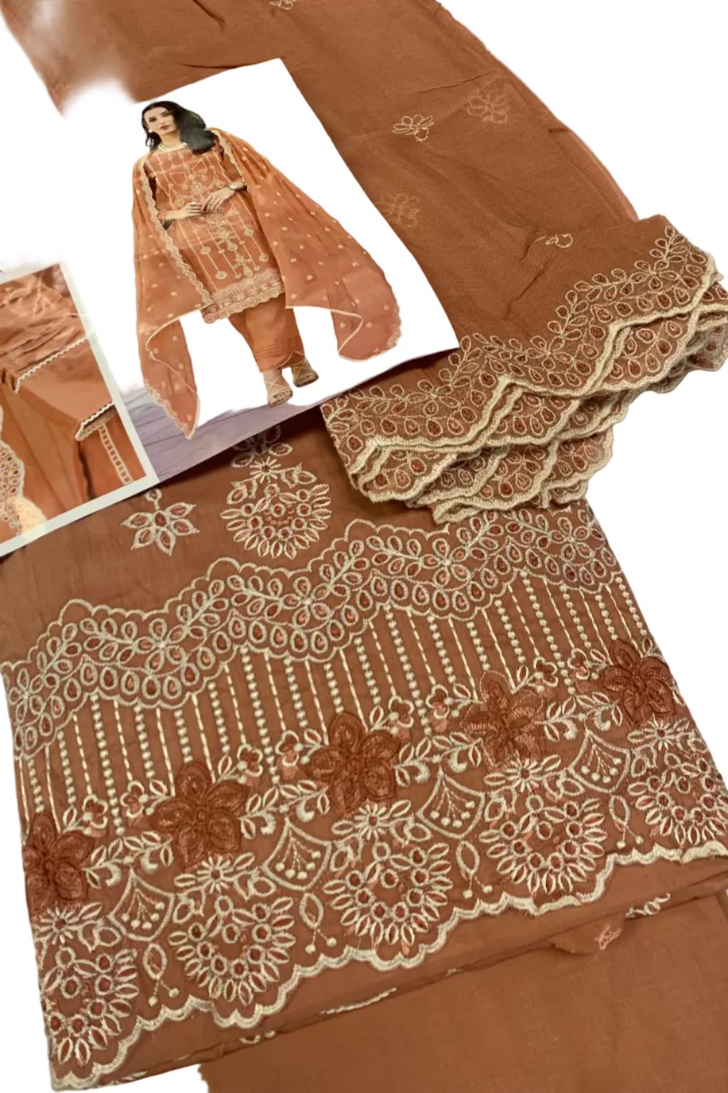 Brown embroidered fabric with a pattern and a magazine or catalog showing a person wearing similar attire.