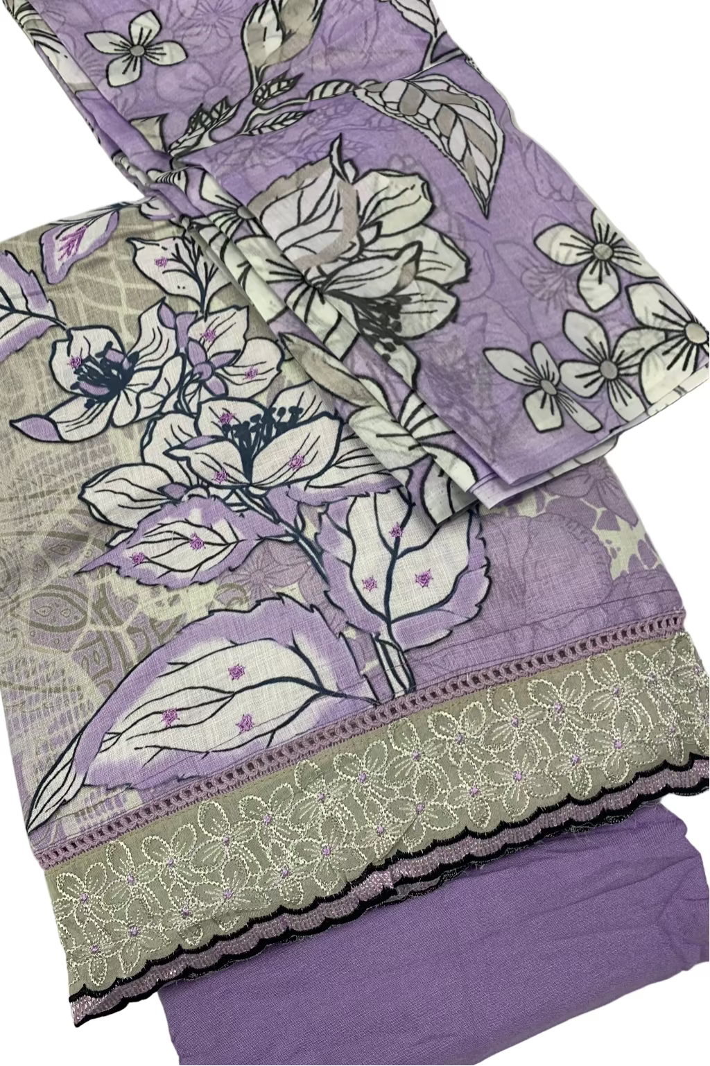 Purple and gray floral patterned fabric on a white background
