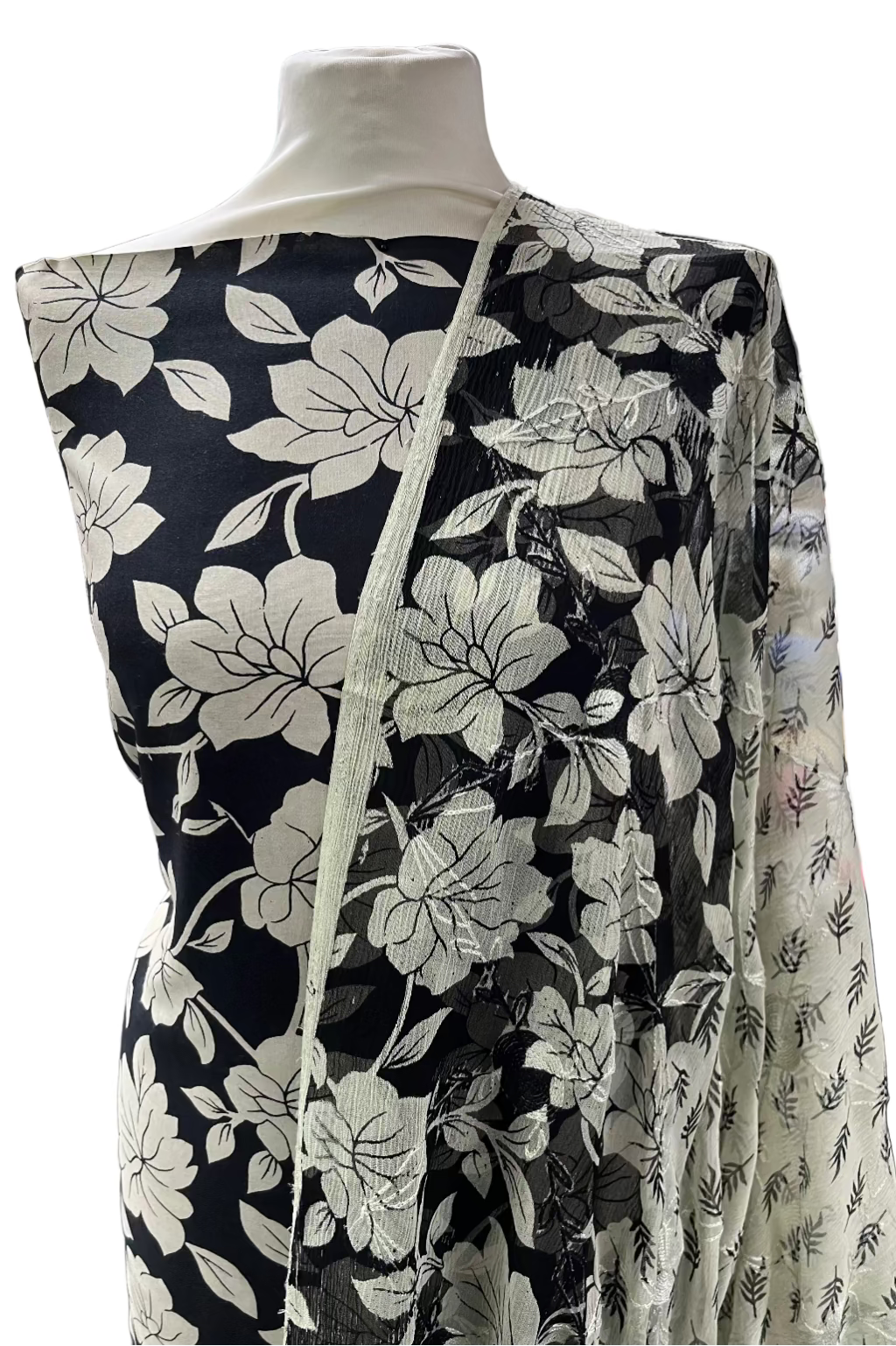 Black floral dress on a mannequin in a store setting