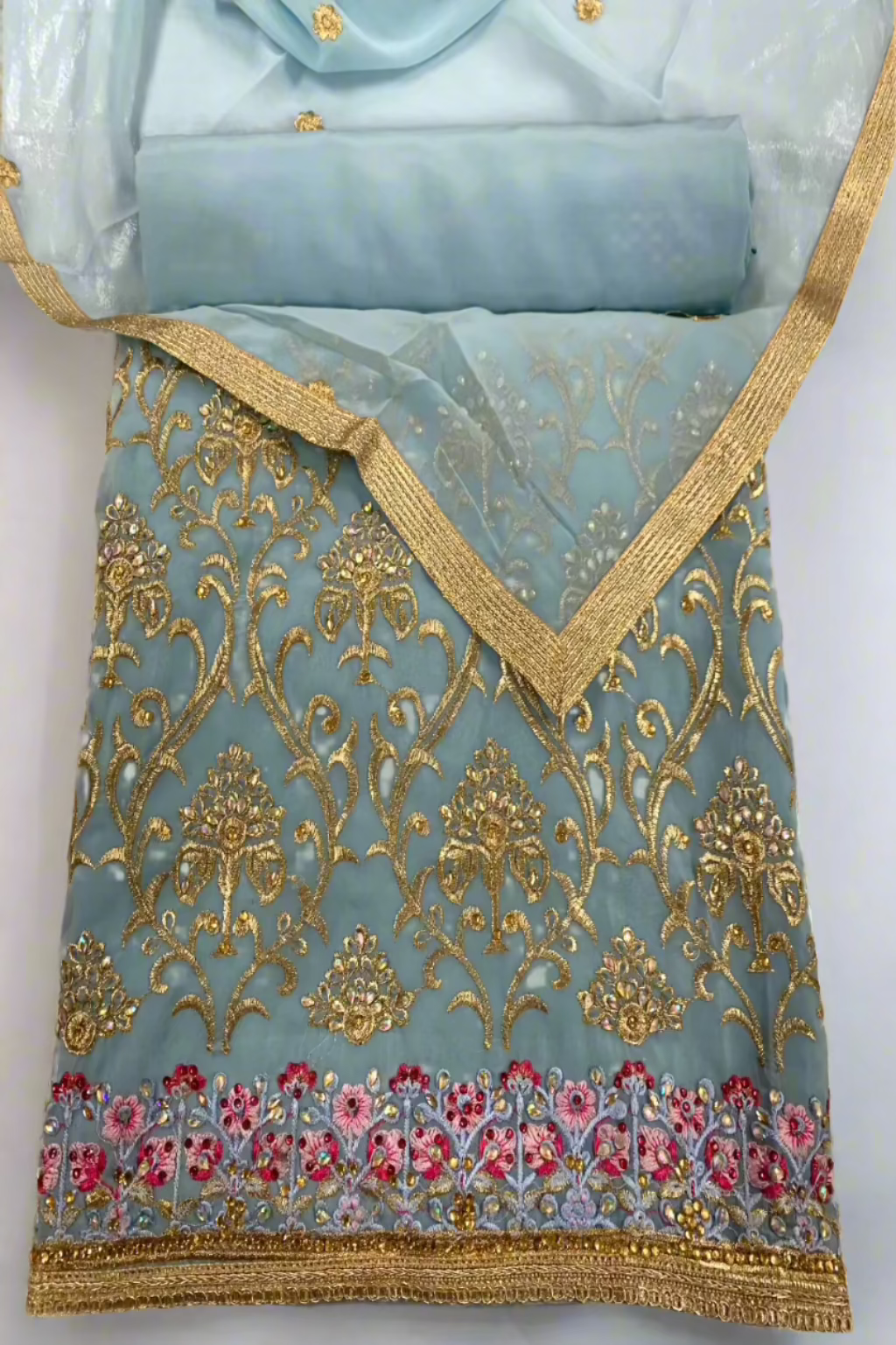 5954 Gold Embroidery & Gems Chiffon 4pc Unstitched Fancy Suit