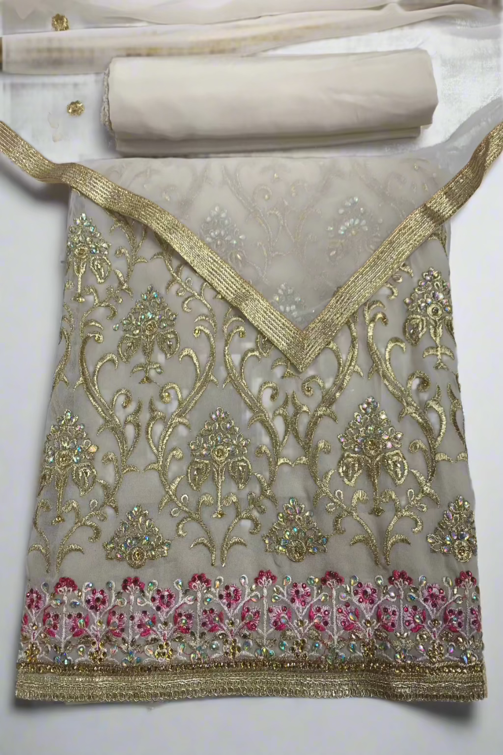 5954 Gold Embroidery & Gems Chiffon 4pc Unstitched Fancy Suit
