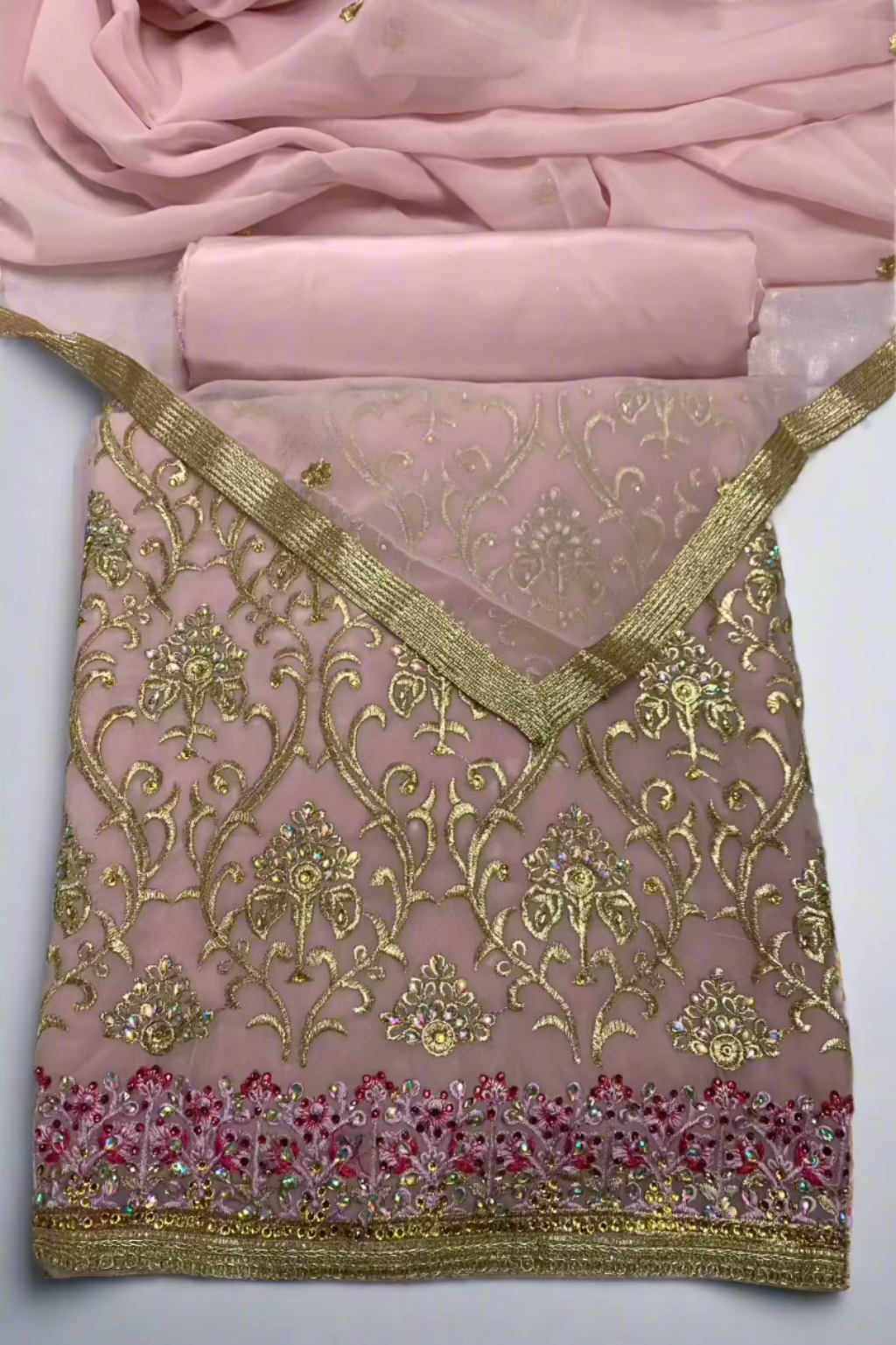 5954 Gold Embroidery & Gems Chiffon 4pc Unstitched Fancy Suit