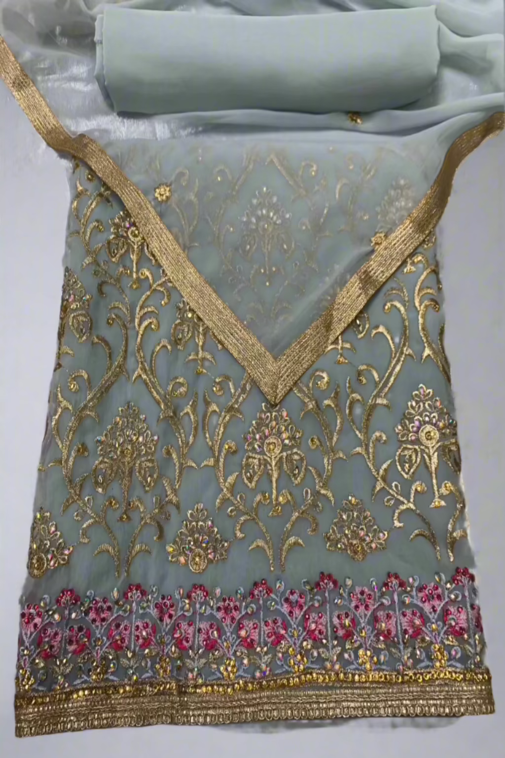 5954 Gold Embroidery & Gems Chiffon 4pc Unstitched Fancy Suit