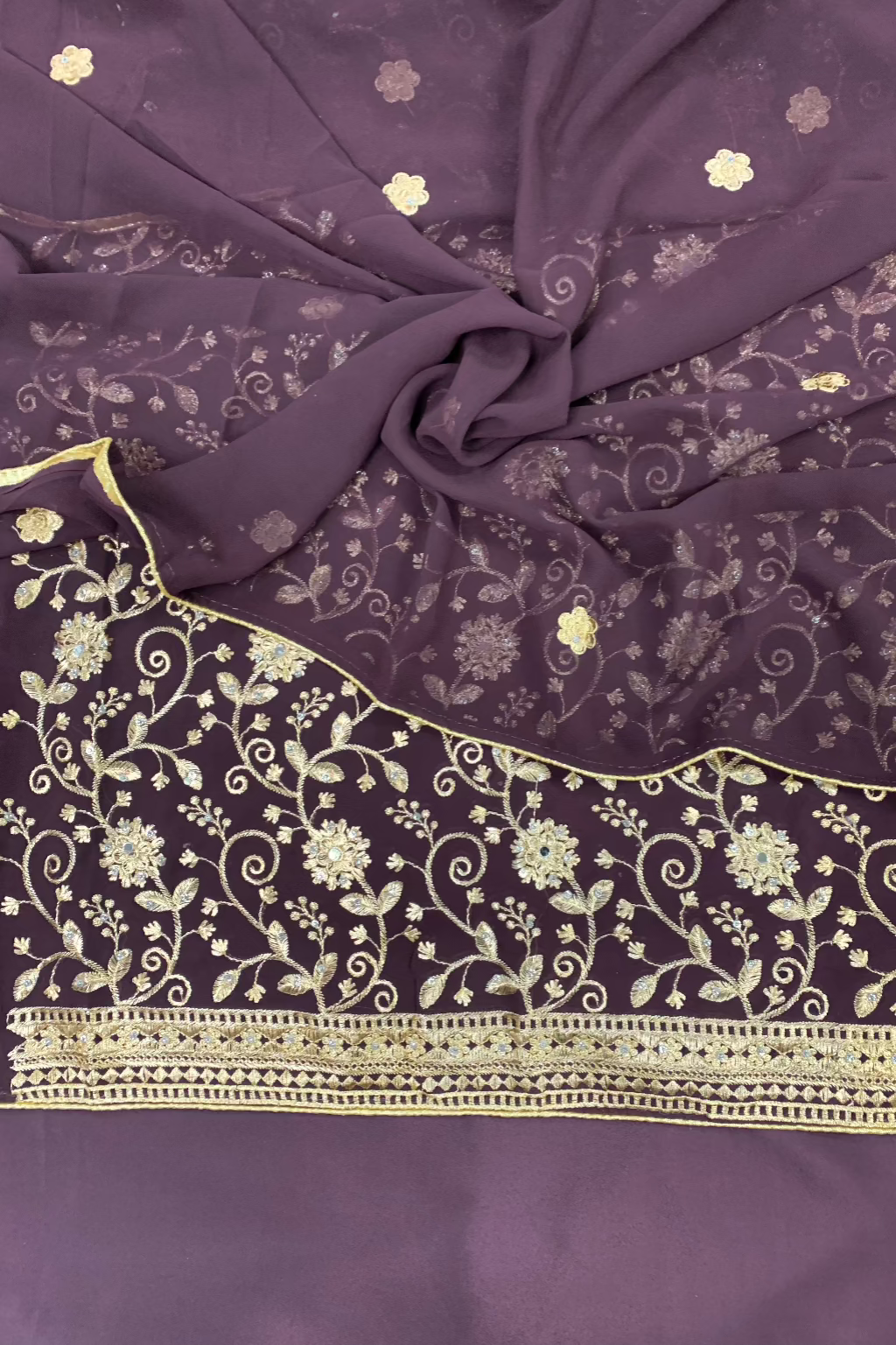 1388 Gold Embroidery Chiffon 4pc Unstitched Party Suit