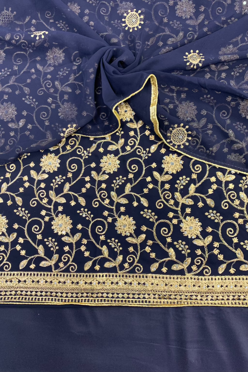 1388 Gold Embroidery Chiffon 4pc Unstitched Party Suit