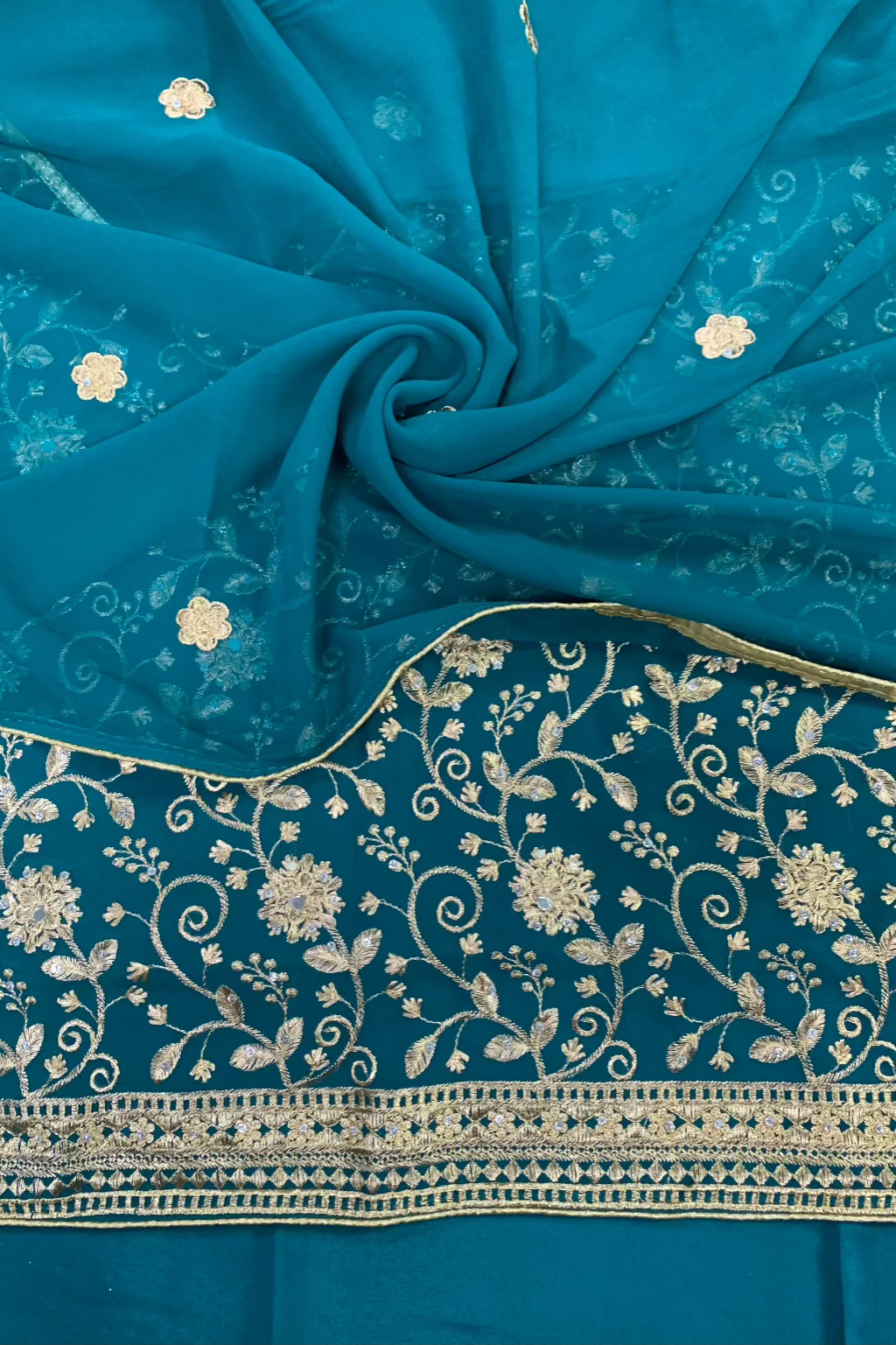 1388 Gold Embroidery Chiffon 4pc Unstitched Party Suit