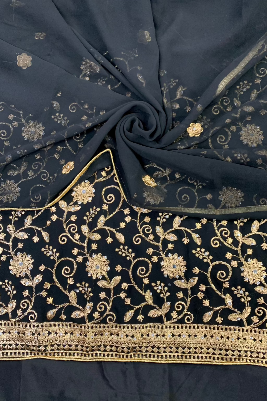 1388 Gold Embroidery Chiffon 4pc Unstitched Party Suit