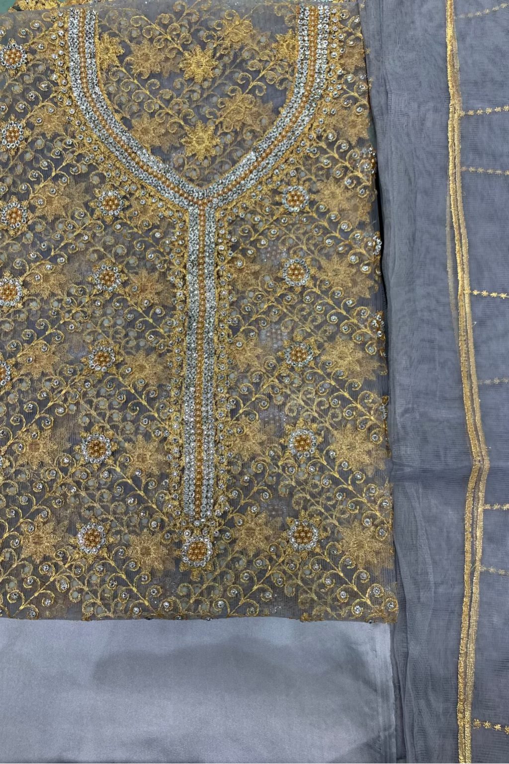 1050 Gold Embroidered 4pc Net Suit with Diamante & Pearls