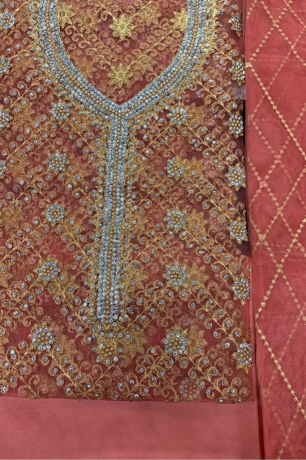 1050 Gold Embroidered 4pc Net Suit with Diamante & Pearls