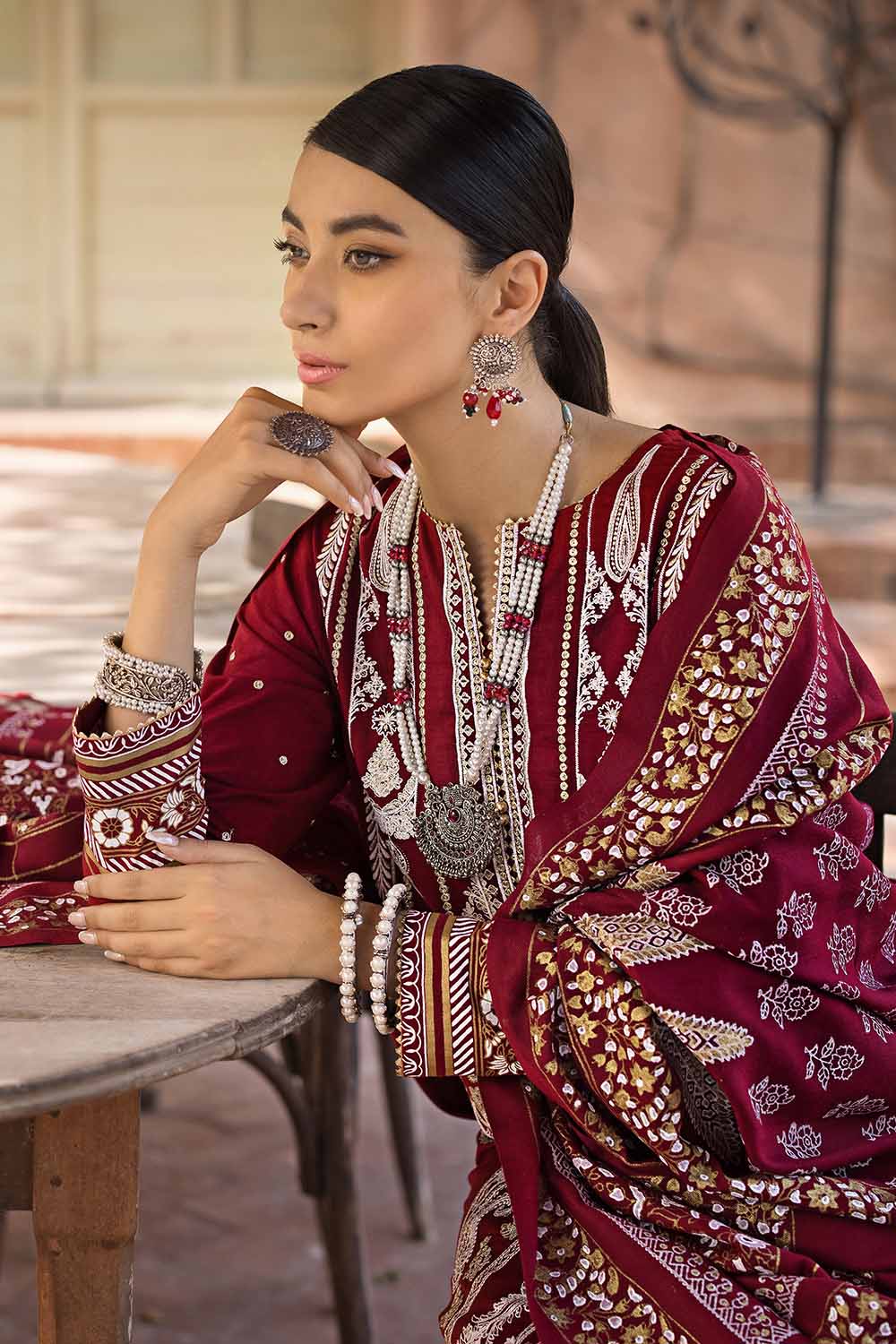 Unstitched Gold & Lacquer Printed Pashmina Salwar Kameez Suit Gul Ahmed AP-32074