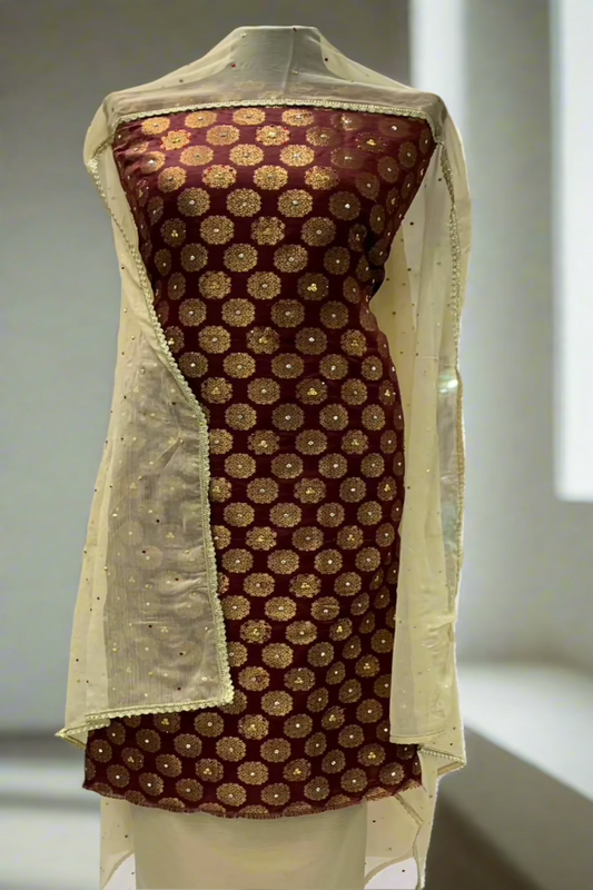 D23 Ladies Banarsi Jacquard Printed 3pc Unstitched Suit