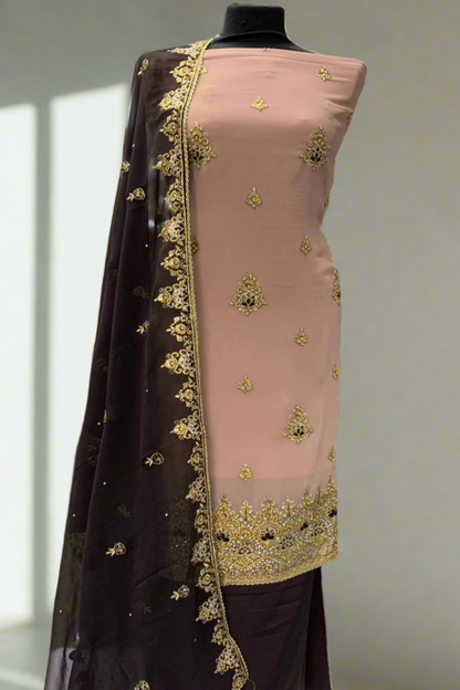 9045 Floral Gold Embroidery Chiffon 4pc Unstitched Suit
