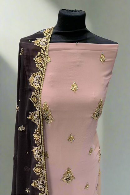 9045 Floral Gold Embroidery Chiffon 4pc Unstitched Suit