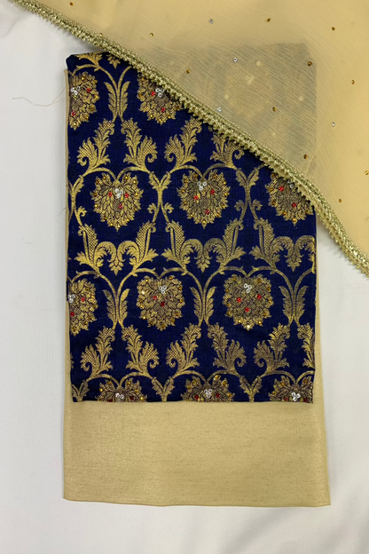 D24 Ladies Banarsi Jacquard Printed 3pc Unstitched Suit