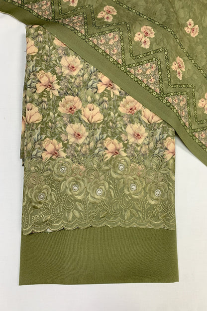 146 Floral Print Alpine 3pc Warm Unstitched Suit with Embroidered Border