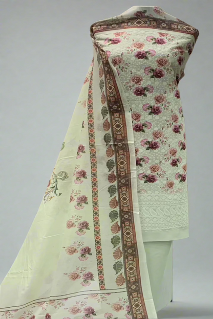9434 Flower Printed Cotton 3pc Unstitched Suit with Embroidery