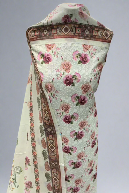 9434 Flower Printed Cotton 3pc Unstitched Suit with Embroidery