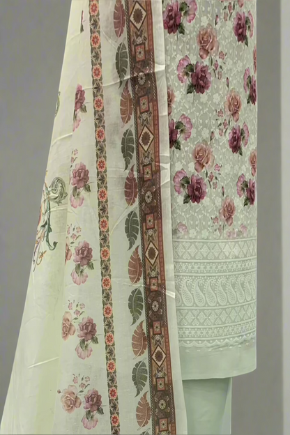 9434 Flower Printed Cotton 3pc Unstitched Suit with Embroidery