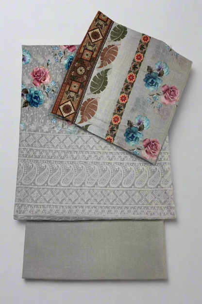 9434 Flower Printed Cotton 3pc Unstitched Suit with Embroidery