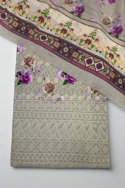 9434 Flower Printed Cotton 3pc Unstitched Suit with Embroidery