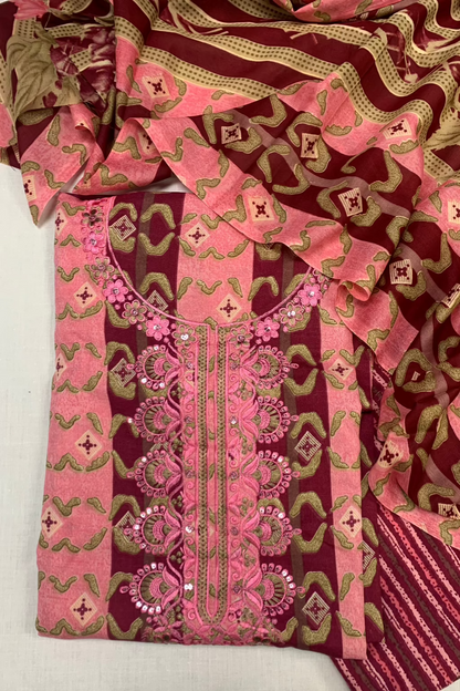 5898 Floral Print Embroidery Neck Cotton 3pc Unstitched Suit