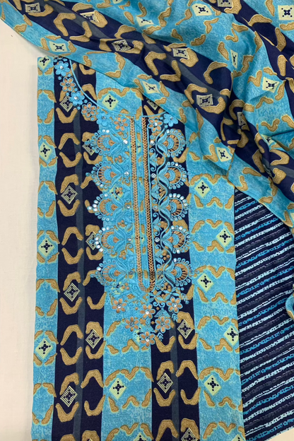 5898 Floral Print Embroidery Neck Cotton 3pc Unstitched Suit