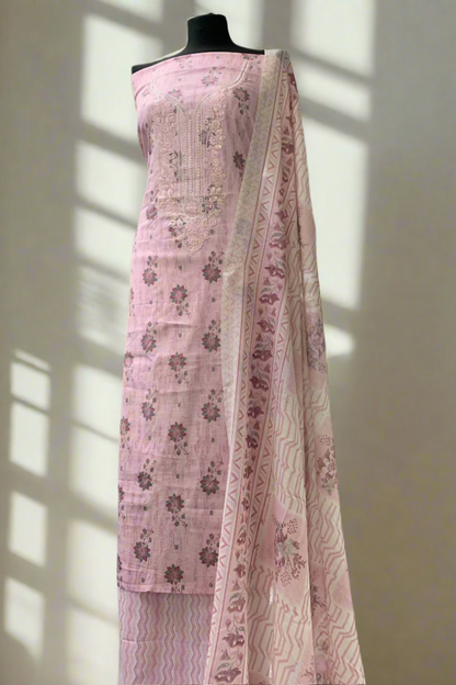 9904 Floral Print Embroidery Neckline Cotton 3pc Unstitched Suit