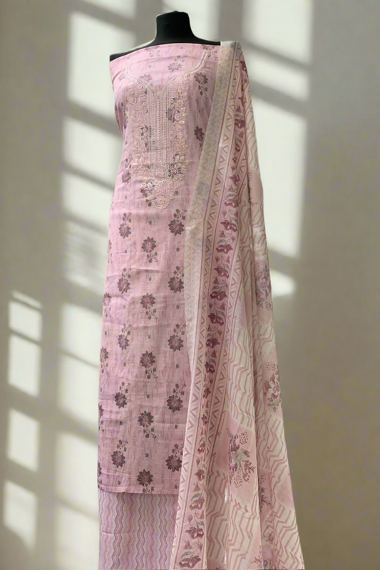 9904 Floral Print Embroidery Neckline Cotton 3pc Unstitched Suit