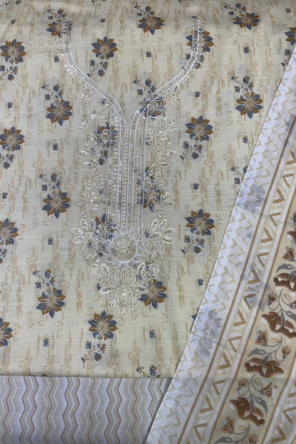 9904 Floral Print Embroidery Neckline Cotton 3pc Unstitched Suit