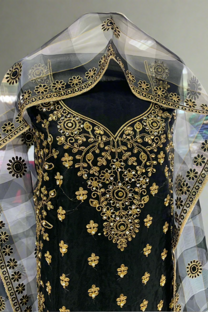 D101 Gold Embroidery Organza 4pc Unstitched Party Suit